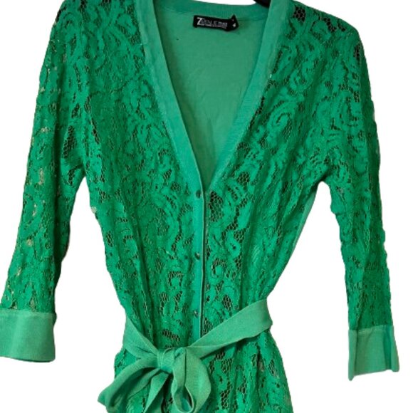 New York & Co Green Lace Cardigan with Tie Waist - Medium - Picture 2 of 5